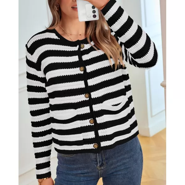 imageBTFBM Women Cropped Cardigan Sweaters Fall Fashion Button Down Long Sleeve Chunky Knit Open Front Sweater OuterwearStriped Black White