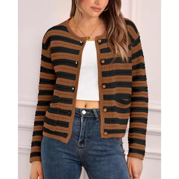 imageBTFBM Women Cropped Cardigan Sweaters Fall Fashion Button Down Long Sleeve Chunky Knit Open Front Sweater OuterwearStriped Caramel Black