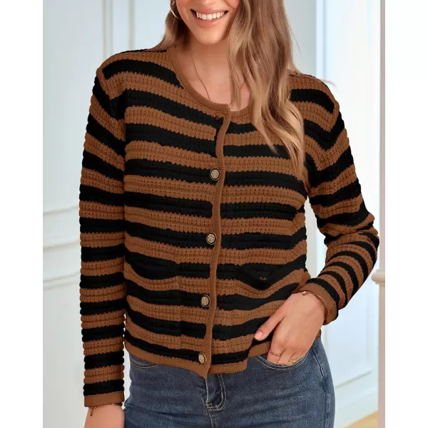 imageBTFBM Women Cropped Cardigan Sweaters Fall Fashion Button Down Long Sleeve Chunky Knit Open Front Sweater OuterwearStriped Caramel Black