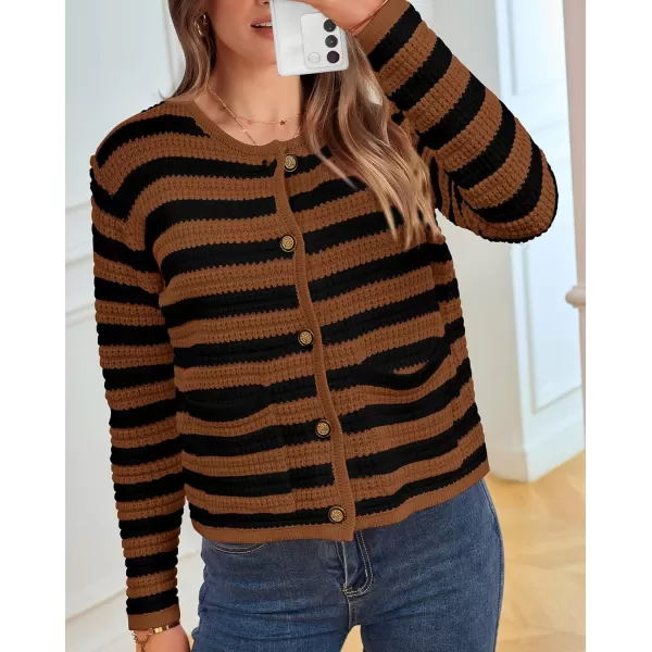 imageBTFBM Women Cropped Cardigan Sweaters Fall Fashion Button Down Long Sleeve Chunky Knit Open Front Sweater OuterwearStriped Caramel Black