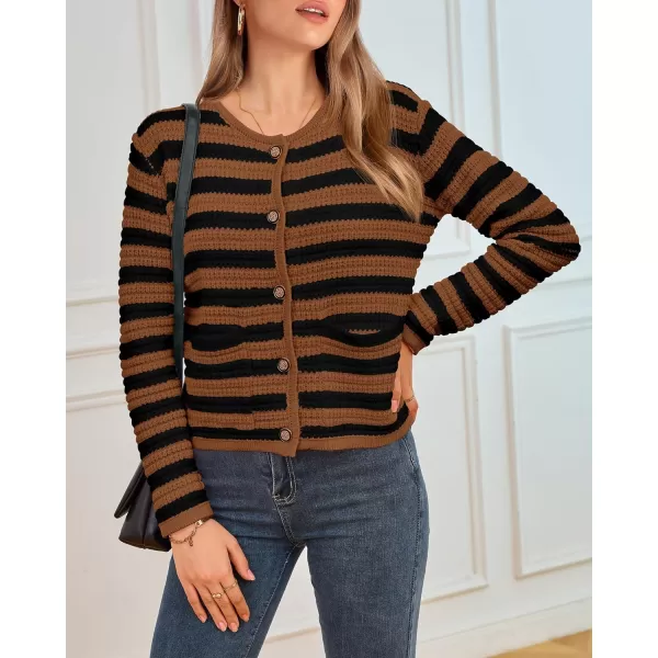imageBTFBM Women Cropped Cardigan Sweaters Fall Fashion Button Down Long Sleeve Chunky Knit Open Front Sweater OuterwearStriped Caramel Black