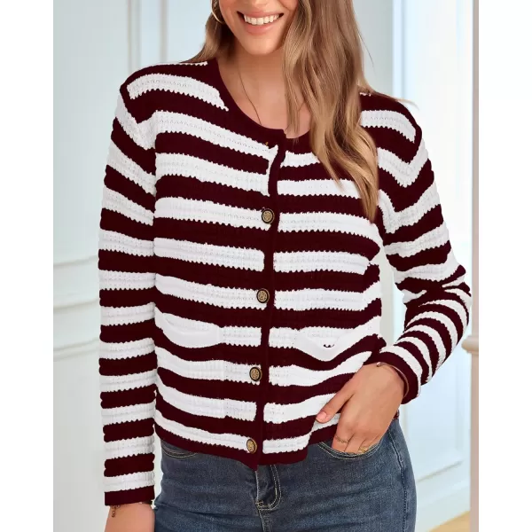 imageBTFBM Women Cropped Cardigan Sweaters Fall Fashion Button Down Long Sleeve Chunky Knit Open Front Sweater OuterwearStriped Wine Red White