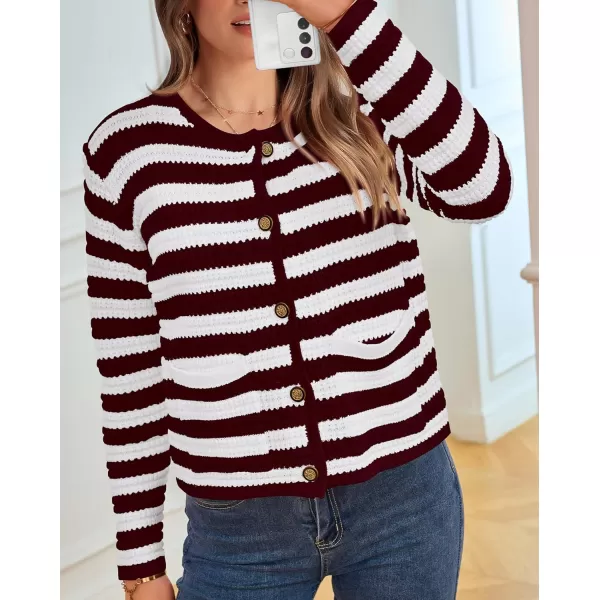imageBTFBM Women Cropped Cardigan Sweaters Fall Fashion Button Down Long Sleeve Chunky Knit Open Front Sweater OuterwearStriped Wine Red White