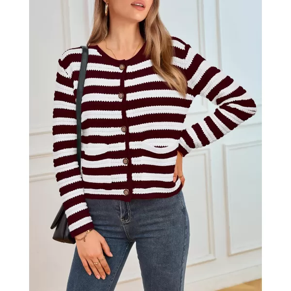 imageBTFBM Women Cropped Cardigan Sweaters Fall Fashion Button Down Long Sleeve Chunky Knit Open Front Sweater OuterwearStriped Wine Red White