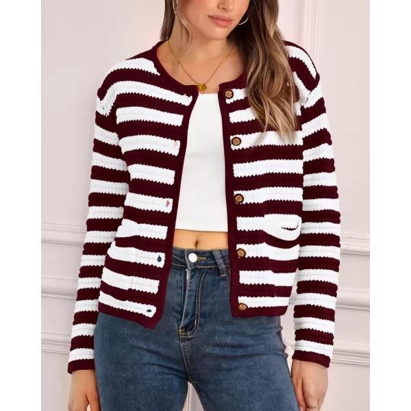 imageBTFBM Women Cropped Cardigan Sweaters Fall Fashion Button Down Long Sleeve Chunky Knit Open Front Sweater OuterwearStriped Wine Red White