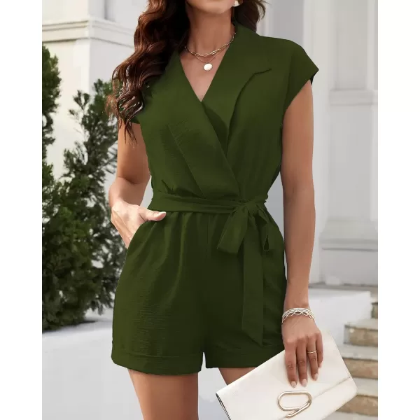 imageBTFBM Women Dressy Lapel V Neck Romper Short Sleeve Pockets Elastic Waist 2023 Casual Summer Shorts Jumpsuits with BeltSolid Army Green