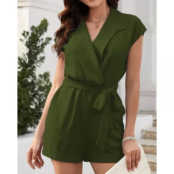 imageBTFBM Women Dressy Lapel V Neck Romper Short Sleeve Pockets Elastic Waist 2023 Casual Summer Shorts Jumpsuits with BeltSolid Army Green