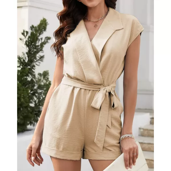 imageBTFBM Women Dressy Lapel V Neck Romper Short Sleeve Pockets Elastic Waist 2023 Casual Summer Shorts Jumpsuits with BeltSolid Beige