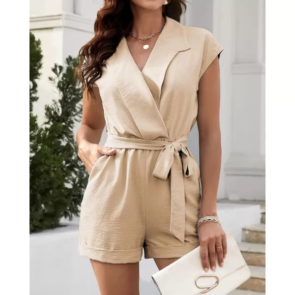 imageBTFBM Women Dressy Lapel V Neck Romper Short Sleeve Pockets Elastic Waist 2023 Casual Summer Shorts Jumpsuits with BeltSolid Beige