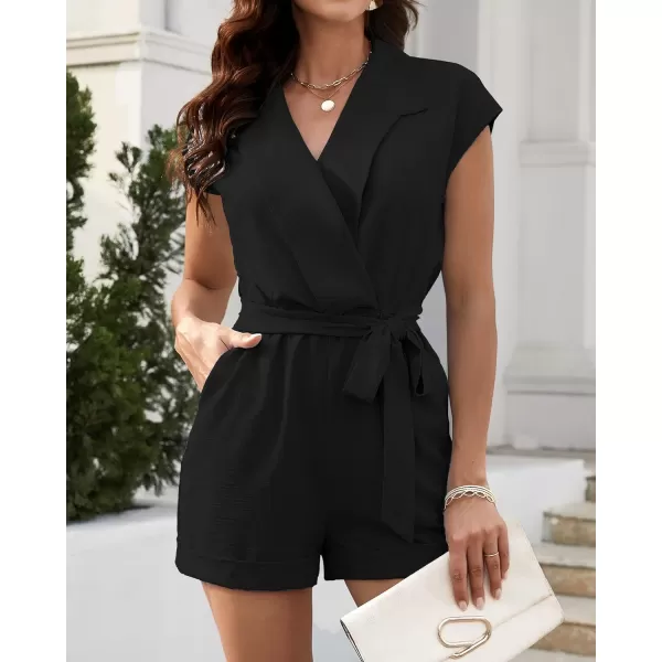 imageBTFBM Women Dressy Lapel V Neck Romper Short Sleeve Pockets Elastic Waist 2023 Casual Summer Shorts Jumpsuits with BeltSolid Black