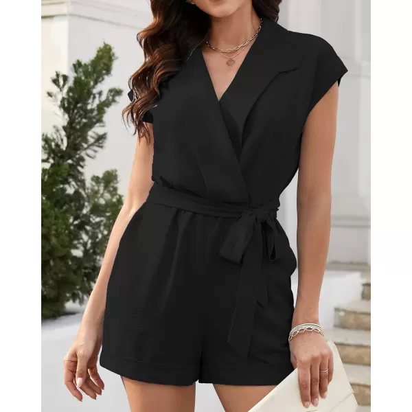 imageBTFBM Women Dressy Lapel V Neck Romper Short Sleeve Pockets Elastic Waist 2023 Casual Summer Shorts Jumpsuits with BeltSolid Black