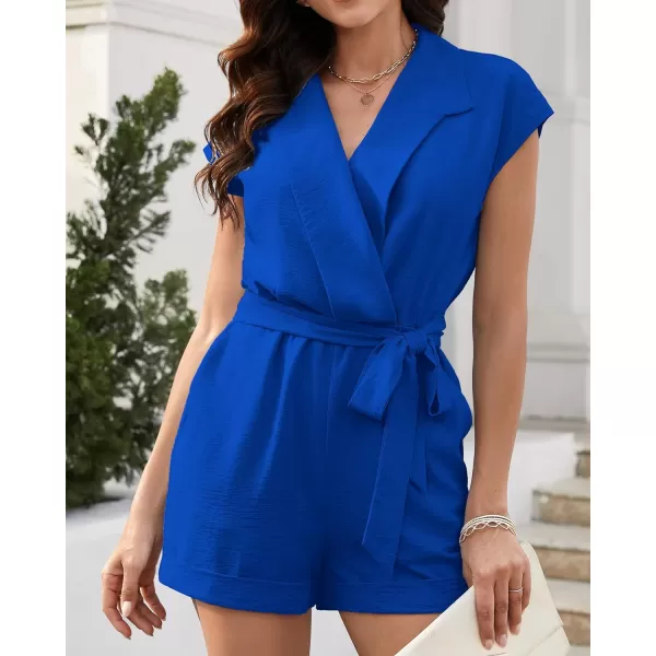imageBTFBM Women Dressy Lapel V Neck Romper Short Sleeve Pockets Elastic Waist 2023 Casual Summer Shorts Jumpsuits with BeltSolid Brilliant Blue