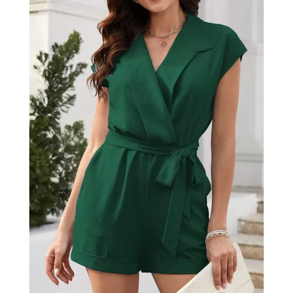 imageBTFBM Women Dressy Lapel V Neck Romper Short Sleeve Pockets Elastic Waist 2023 Casual Summer Shorts Jumpsuits with BeltSolid Dark Green