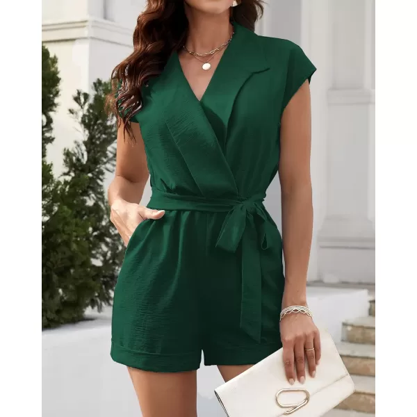 imageBTFBM Women Dressy Lapel V Neck Romper Short Sleeve Pockets Elastic Waist 2023 Casual Summer Shorts Jumpsuits with BeltSolid Dark Green