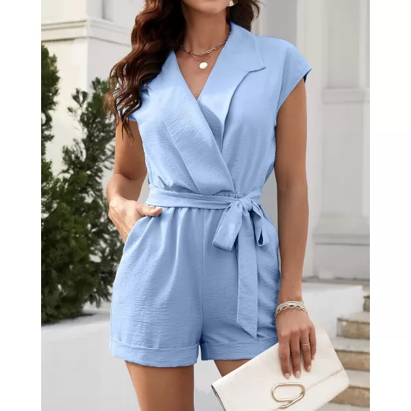 imageBTFBM Women Dressy Lapel V Neck Romper Short Sleeve Pockets Elastic Waist 2023 Casual Summer Shorts Jumpsuits with BeltSolid Light Blue
