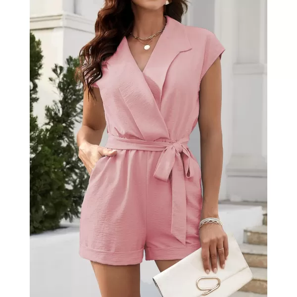 imageBTFBM Women Dressy Lapel V Neck Romper Short Sleeve Pockets Elastic Waist 2023 Casual Summer Shorts Jumpsuits with BeltSolid Pink