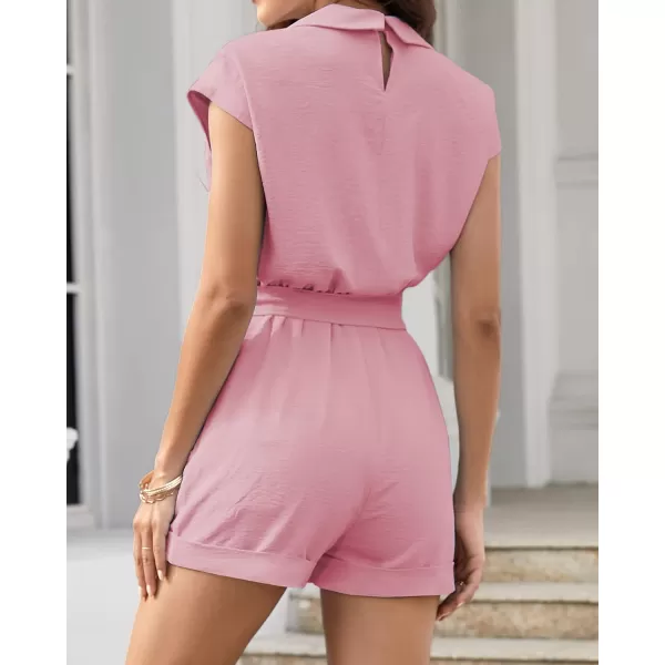 imageBTFBM Women Dressy Lapel V Neck Romper Short Sleeve Pockets Elastic Waist 2023 Casual Summer Shorts Jumpsuits with BeltSolid Pink