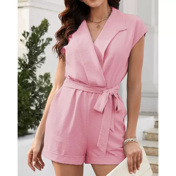 imageBTFBM Women Dressy Lapel V Neck Romper Short Sleeve Pockets Elastic Waist 2023 Casual Summer Shorts Jumpsuits with BeltSolid Pink