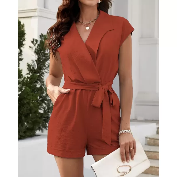 imageBTFBM Women Dressy Lapel V Neck Romper Short Sleeve Pockets Elastic Waist 2023 Casual Summer Shorts Jumpsuits with BeltSolid Rust Red