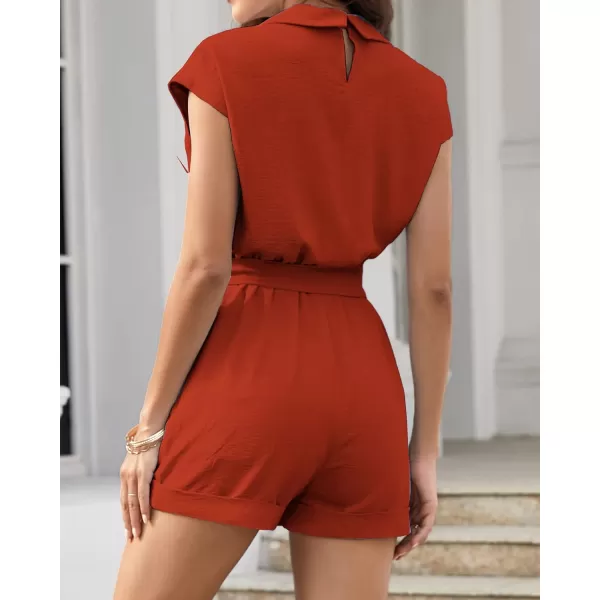 imageBTFBM Women Dressy Lapel V Neck Romper Short Sleeve Pockets Elastic Waist 2023 Casual Summer Shorts Jumpsuits with BeltSolid Rust Red