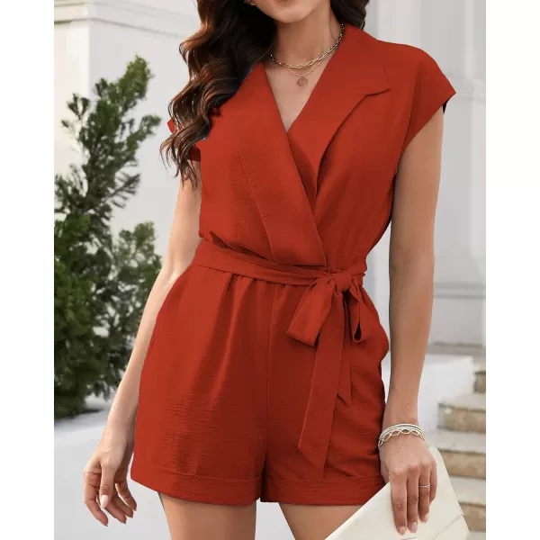 imageBTFBM Women Dressy Lapel V Neck Romper Short Sleeve Pockets Elastic Waist 2023 Casual Summer Shorts Jumpsuits with BeltSolid Rust Red
