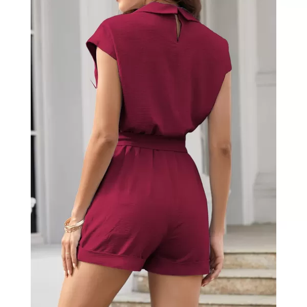 imageBTFBM Women Dressy Lapel V Neck Romper Short Sleeve Pockets Elastic Waist 2023 Casual Summer Shorts Jumpsuits with BeltSolid Wine Red