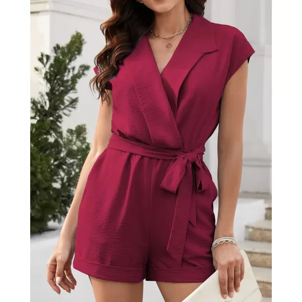 imageBTFBM Women Dressy Lapel V Neck Romper Short Sleeve Pockets Elastic Waist 2023 Casual Summer Shorts Jumpsuits with BeltSolid Wine Red