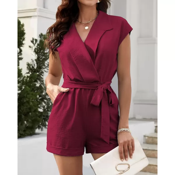 imageBTFBM Women Dressy Lapel V Neck Romper Short Sleeve Pockets Elastic Waist 2023 Casual Summer Shorts Jumpsuits with BeltSolid Wine Red