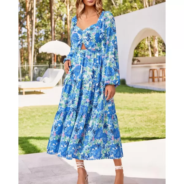 imageBTFBM Women Fall Dresses 2023 Casual Square Neck Puff Long Sleeve Smocked Cut Out Boho Floral Flowy Long Maxi DressBig Floral White Blue