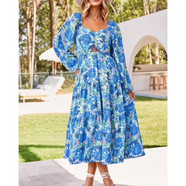 imageBTFBM Women Fall Dresses 2023 Casual Square Neck Puff Long Sleeve Smocked Cut Out Boho Floral Flowy Long Maxi DressBig Floral White Blue