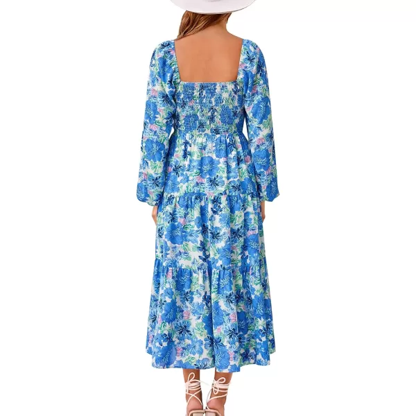 imageBTFBM Women Fall Dresses 2023 Casual Square Neck Puff Long Sleeve Smocked Cut Out Boho Floral Flowy Long Maxi DressBig Floral White Blue