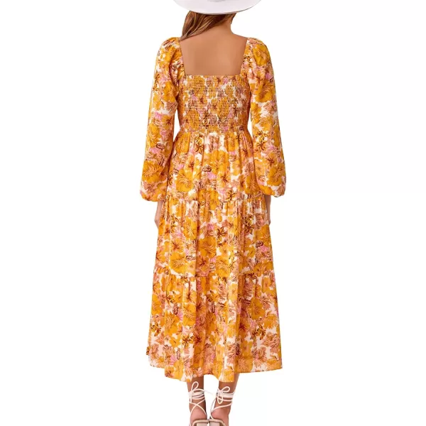 imageBTFBM Women Fall Dresses 2023 Casual Square Neck Puff Long Sleeve Smocked Cut Out Boho Floral Flowy Long Maxi DressBig Floral Yellow