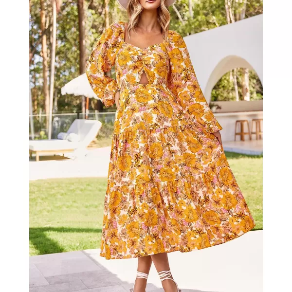 imageBTFBM Women Fall Dresses 2023 Casual Square Neck Puff Long Sleeve Smocked Cut Out Boho Floral Flowy Long Maxi DressBig Floral Yellow