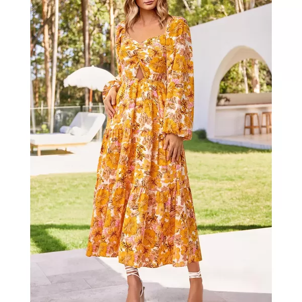 imageBTFBM Women Fall Dresses 2023 Casual Square Neck Puff Long Sleeve Smocked Cut Out Boho Floral Flowy Long Maxi DressBig Floral Yellow