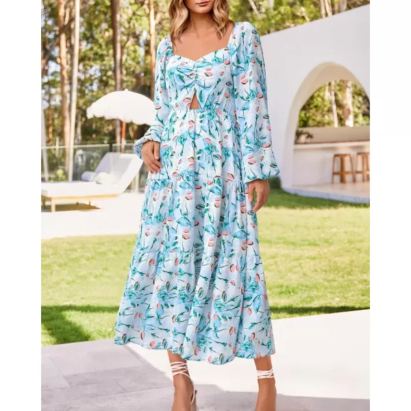 imageBTFBM Women Fall Dresses 2023 Casual Square Neck Puff Long Sleeve Smocked Cut Out Boho Floral Flowy Long Maxi DressFloral Blue