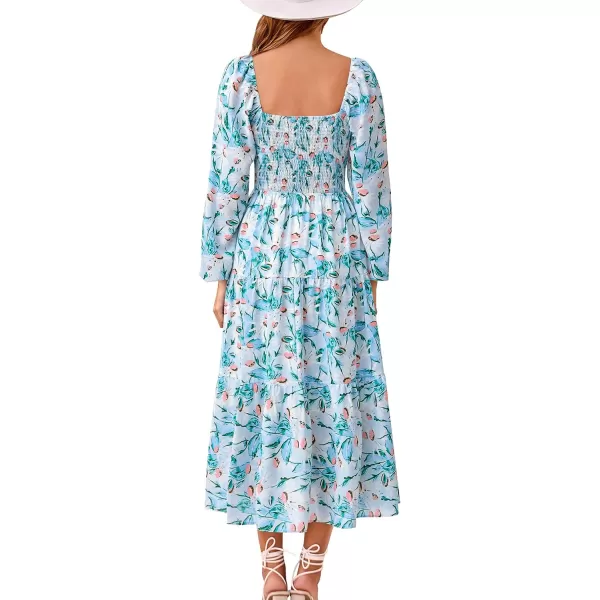 imageBTFBM Women Fall Dresses 2023 Casual Square Neck Puff Long Sleeve Smocked Cut Out Boho Floral Flowy Long Maxi DressFloral Blue