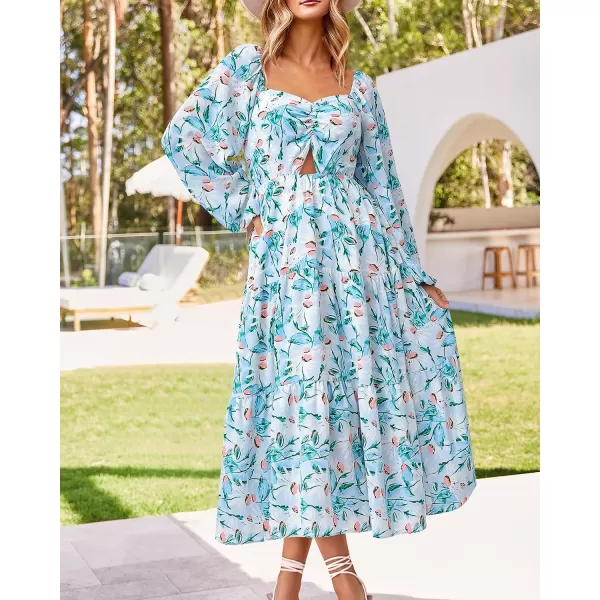 imageBTFBM Women Fall Dresses 2023 Casual Square Neck Puff Long Sleeve Smocked Cut Out Boho Floral Flowy Long Maxi DressFloral Blue