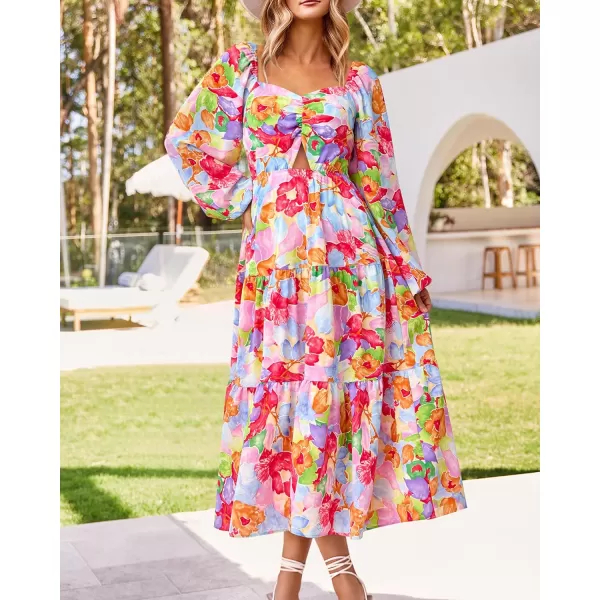 imageBTFBM Women Fall Dresses 2023 Casual Square Neck Puff Long Sleeve Smocked Cut Out Boho Floral Flowy Long Maxi DressFloral Multicolor