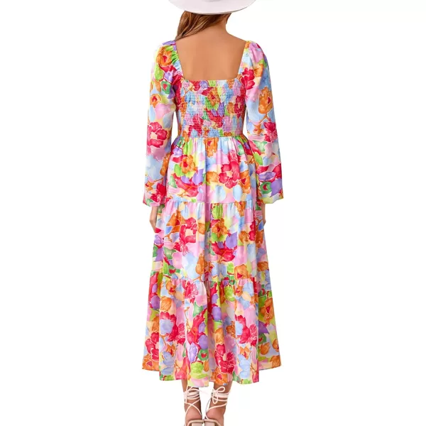 imageBTFBM Women Fall Dresses 2023 Casual Square Neck Puff Long Sleeve Smocked Cut Out Boho Floral Flowy Long Maxi DressFloral Multicolor