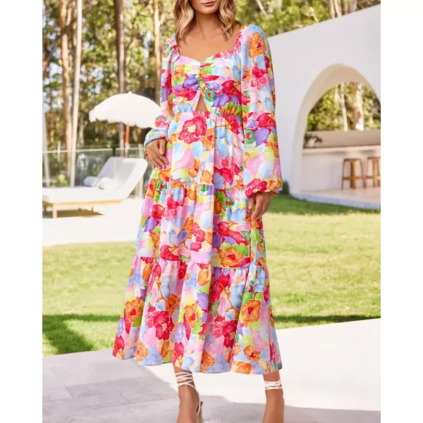 imageBTFBM Women Fall Dresses 2023 Casual Square Neck Puff Long Sleeve Smocked Cut Out Boho Floral Flowy Long Maxi DressFloral Multicolor