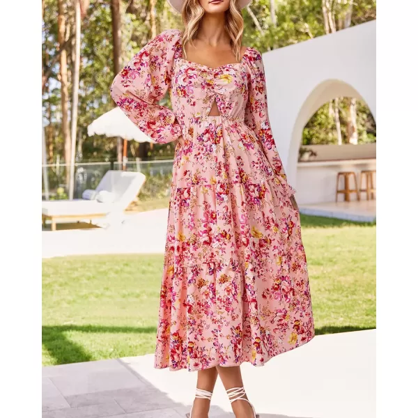 imageBTFBM Women Fall Dresses 2023 Casual Square Neck Puff Long Sleeve Smocked Cut Out Boho Floral Flowy Long Maxi DressFloral Pink Red