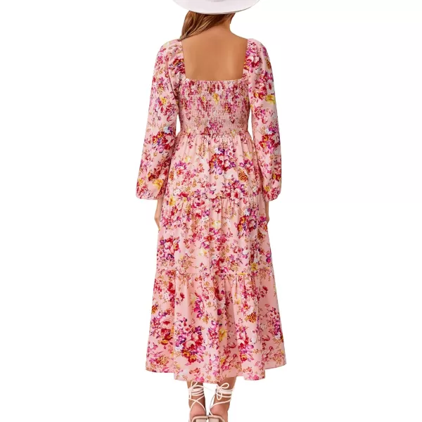 imageBTFBM Women Fall Dresses 2023 Casual Square Neck Puff Long Sleeve Smocked Cut Out Boho Floral Flowy Long Maxi DressFloral Pink Red
