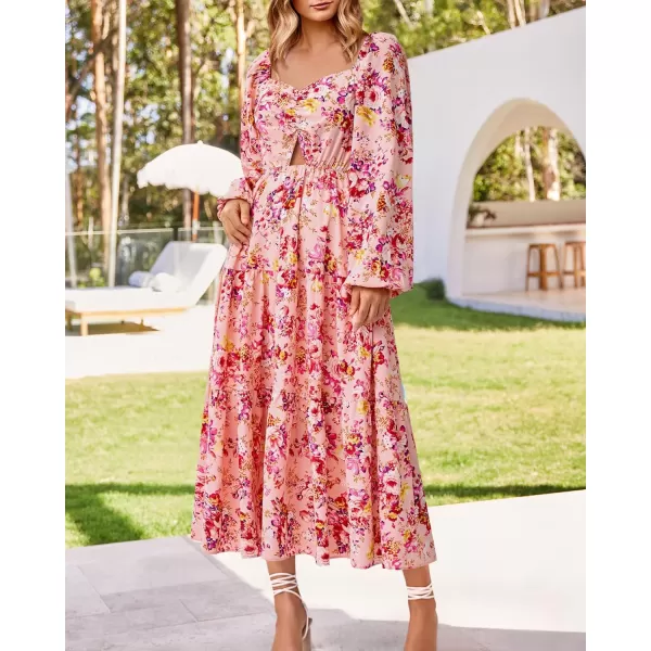 imageBTFBM Women Fall Dresses 2023 Casual Square Neck Puff Long Sleeve Smocked Cut Out Boho Floral Flowy Long Maxi DressFloral Pink Red