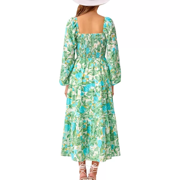 imageBTFBM Women Fall Dresses 2023 Casual Square Neck Puff Long Sleeve Smocked Cut Out Boho Floral Flowy Long Maxi DressFloral White Blue Green