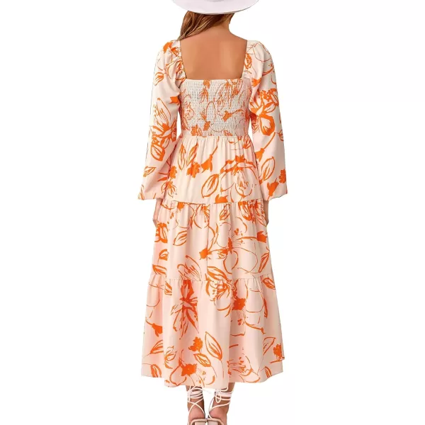 imageBTFBM Women Fall Dresses 2023 Casual Square Neck Puff Long Sleeve Smocked Cut Out Boho Floral Flowy Long Maxi DressFloral White Orange
