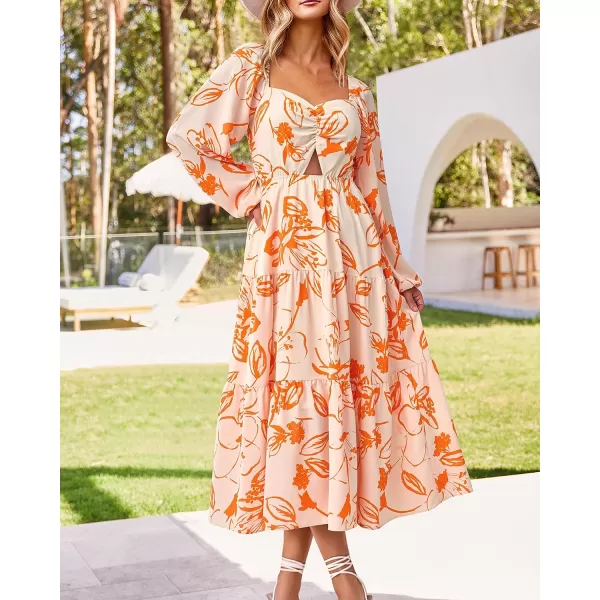 imageBTFBM Women Fall Dresses 2023 Casual Square Neck Puff Long Sleeve Smocked Cut Out Boho Floral Flowy Long Maxi DressFloral White Orange