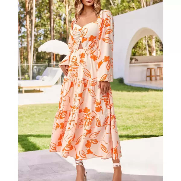 imageBTFBM Women Fall Dresses 2023 Casual Square Neck Puff Long Sleeve Smocked Cut Out Boho Floral Flowy Long Maxi DressFloral White Orange