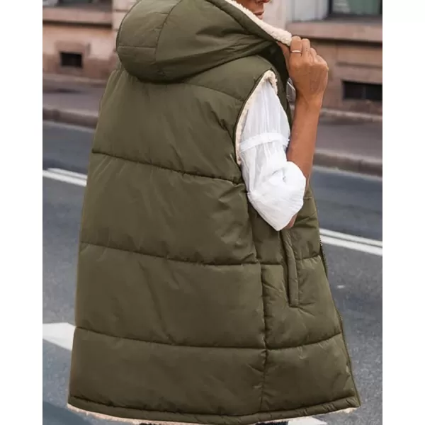 imageBTFBM Women Fall Reversible Vests Sleeveless Sherpa Fleece Jacket Zip Up Hoodie Long Warm Winter Padded Coat OuterwearSolid Army Green