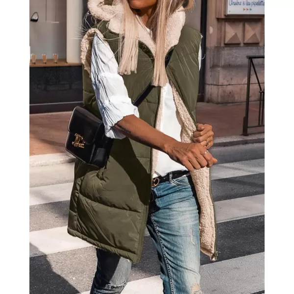 imageBTFBM Women Fall Reversible Vests Sleeveless Sherpa Fleece Jacket Zip Up Hoodie Long Warm Winter Padded Coat OuterwearSolid Army Green