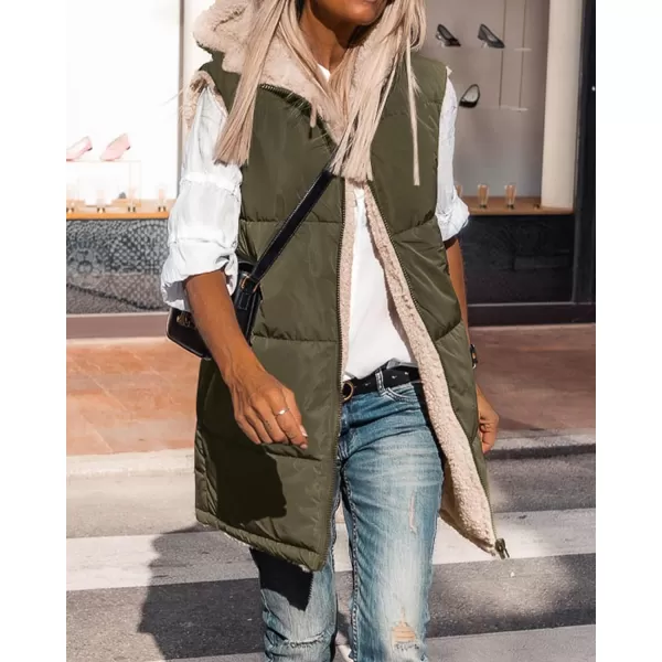 imageBTFBM Women Fall Reversible Vests Sleeveless Sherpa Fleece Jacket Zip Up Hoodie Long Warm Winter Padded Coat OuterwearSolid Army Green